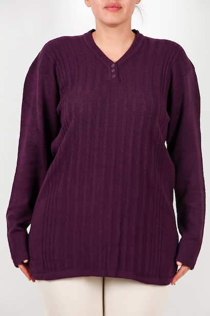 Büyük Beden V Yaka Üç Düğmeli Triko Bluz Mor 6