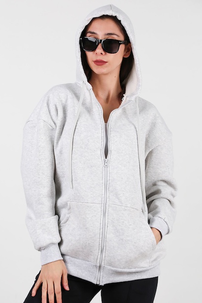 Kadın Kapşonlu Fermuarlı Oversize Üç İplik Sweat  Ekru 6