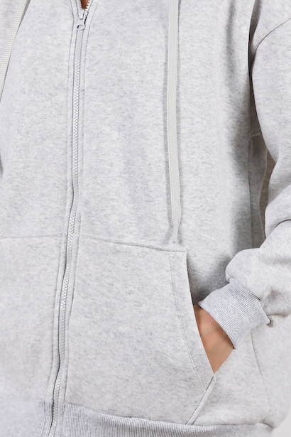 Kadın Kapşonlu Fermuarlı Oversize Üç İplik Sweat  Ekru 9