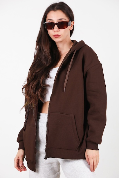 Kadın Kapşonlu Fermuarlı Oversize Üç İplik Sweat 