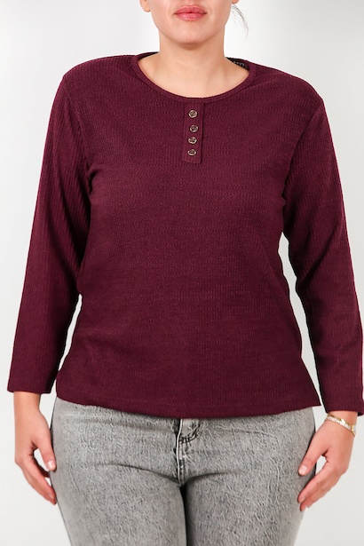 Büyük Beden Önü Düğmeli Triko Bluz  Bordo 6