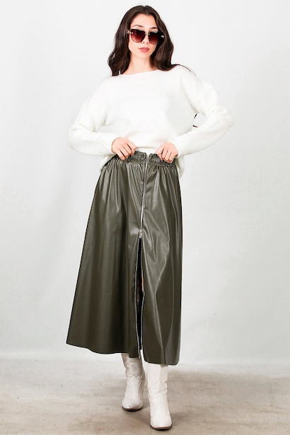 Kadın Önü Fermuarlı Deri Etek 