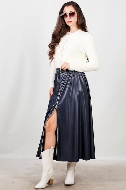 Kadın Önü Fermuarlı Deri Etek 