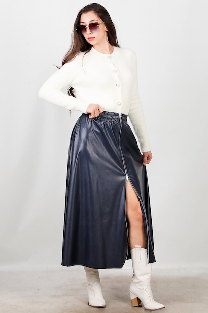 Kadın Önü Fermuarlı Deri Etek  Lacivert 6