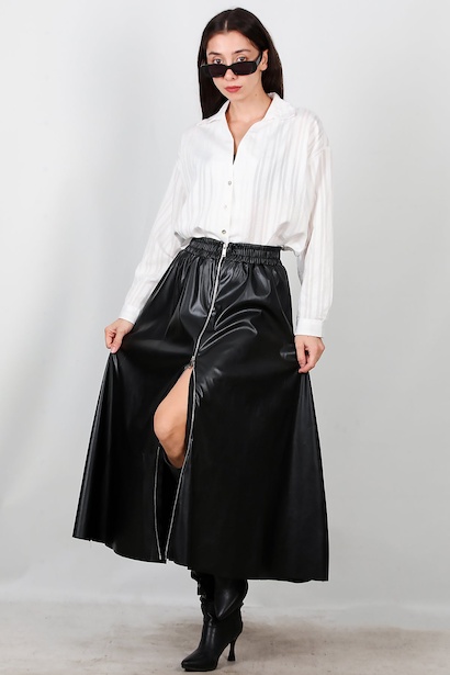 Kadın Önü Fermuarlı Deri Etek 