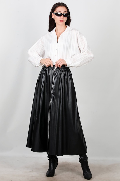 Kadın Önü Fermuarlı Deri Etek  Siyah 6