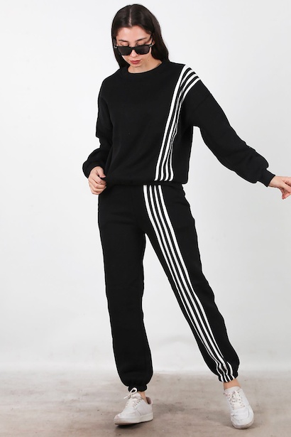 Kadın Şeritli Bisiklet Yaka Eşofman Takımı  Siyah 6