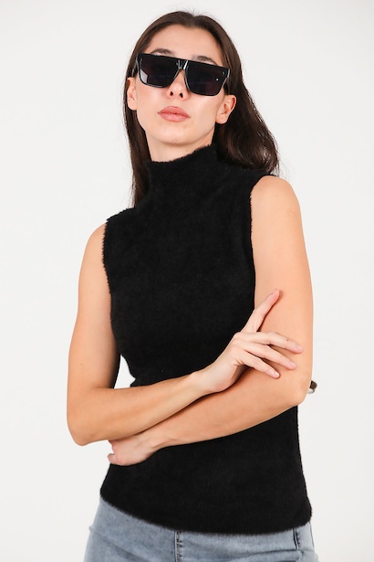 Kadın Kolsuz Balıkçı Yaka Sakallı Bluz  Siyah 6