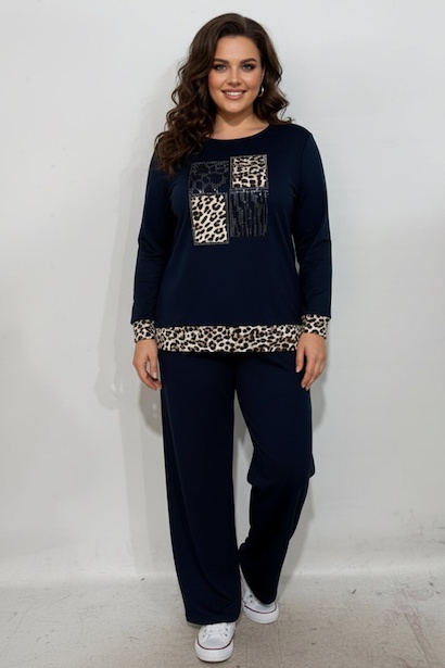 Büyük Beden Leoparlı Taş İşlemeli Takım  Lacivert