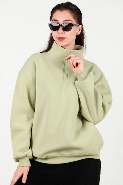 Kadın Yarım Balıkçı Yaka Fermuarlı Sweat  Yeşil 6