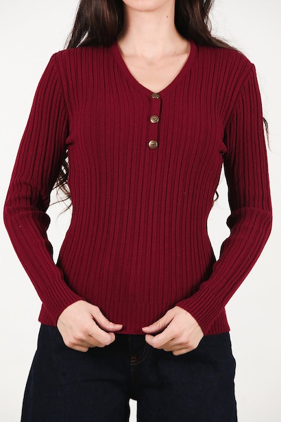 Kadın V Yaka Üç Düğmeli Triko Kazak  Bordo 6
