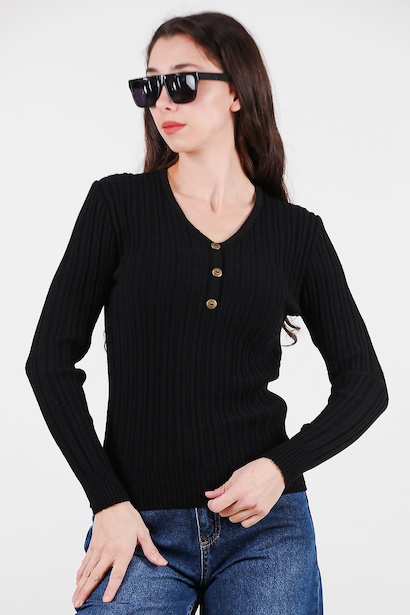 Kadın V Yaka Üç Düğmeli Triko Kazak  Siyah 6
