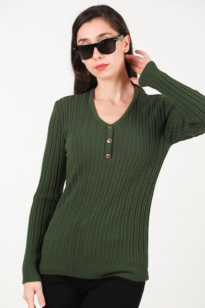 Kadın V Yaka Üç Düğmeli Triko Kazak  Yeşil 6