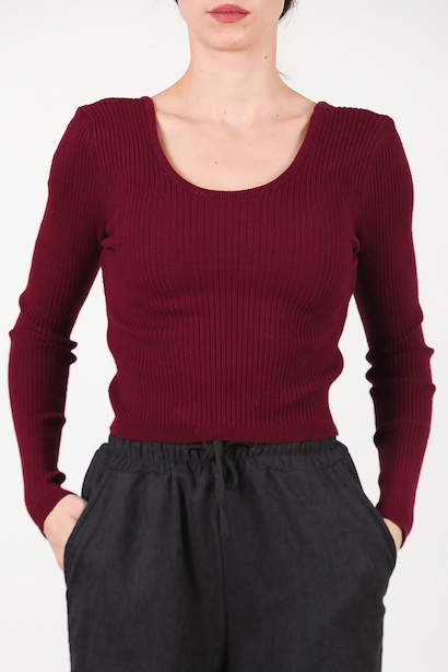 Kadın Madonna Yaka Triko Bluz  Bordo 6