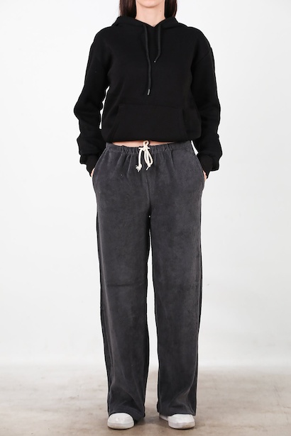 Kadın Cepli Bol Paça Havlu Pantolon  Füme 6