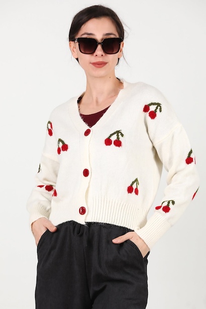 Kadın Kiraz İşlemeli Hırka 