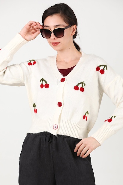 Kadın Kiraz İşlemeli Hırka  Ekru 6