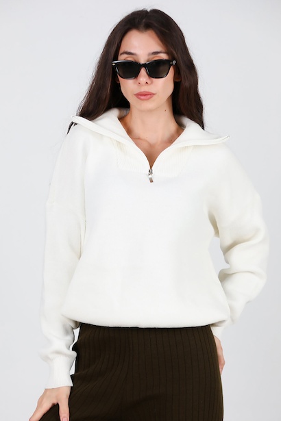 Kadın Yarım Fermuar Kazak  Beyaz 6