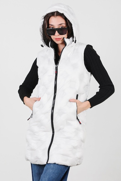 Kadın Kapşonlu Uzun Şişme Yelek  Beyaz 6