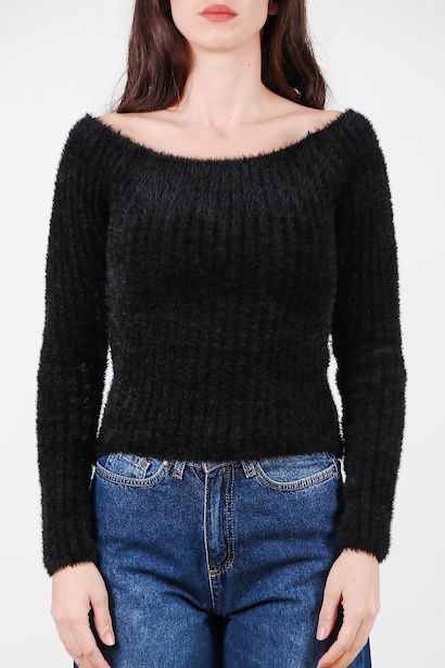 Kadın Kayık Yaka Sakallı Triko Kazak  Siyah 6