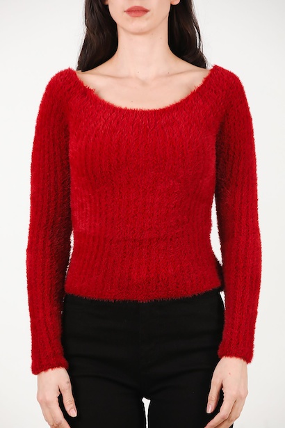 Kadın Kayık Yaka Sakallı Triko Kazak  Kırmızı 6