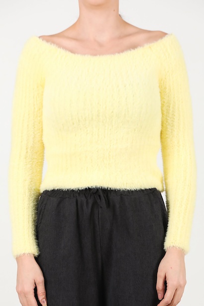 Kadın Kayık Yaka Sakallı Triko Kazak  Sarı 6