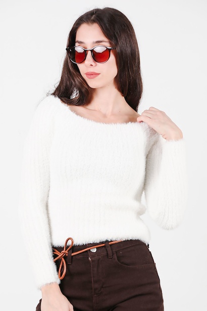 Kadın Kayık Yaka Sakallı Triko Kazak 