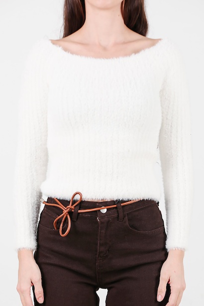 Kadın Kayık Yaka Sakallı Triko Kazak  Beyaz 6