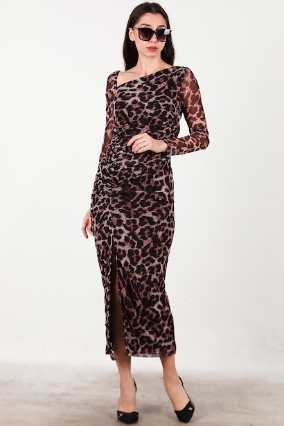 Kadın Önü Büzgü Detay Leoparlı Tül Elbise  Kahverengi 6