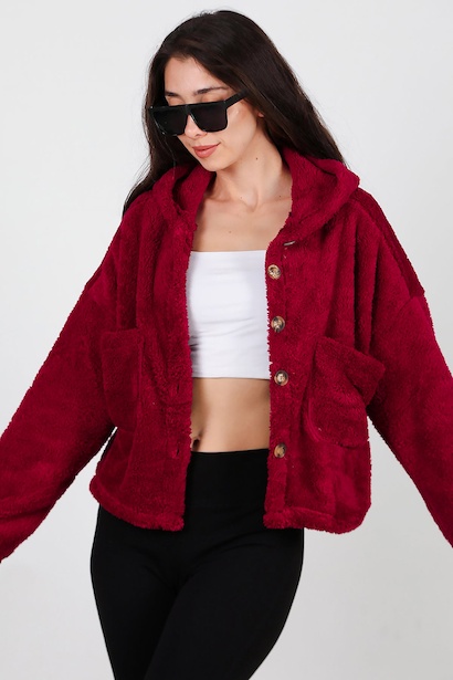 Kadın Kısa Kapşonlu Düğmeli Peluş Ceket  Bordo 6