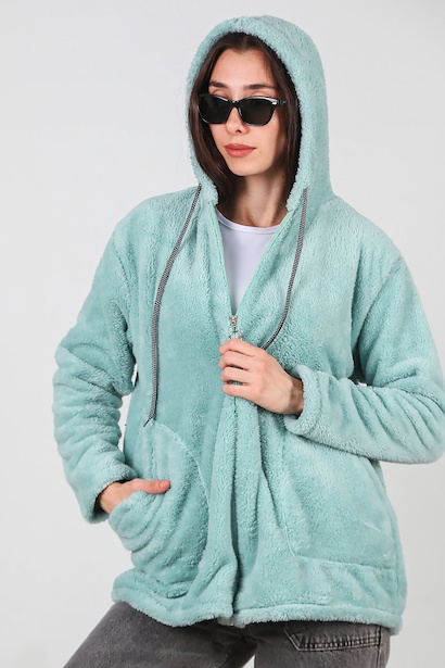 Kadın Kapşonlu Fermuarlı Peluş Ceket 