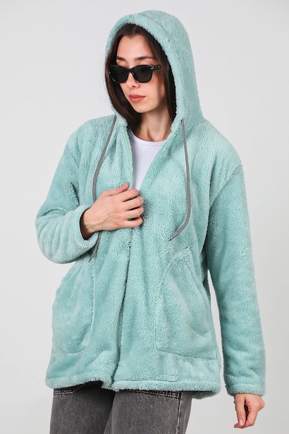 Kadın Kapşonlu Fermuarlı Peluş Ceket  Çağla Yeşili 6