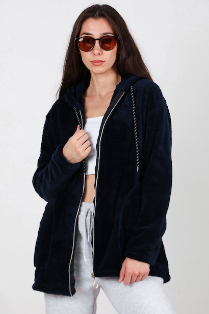 Kadın Kapşonlu Fermuarlı Peluş Ceket 