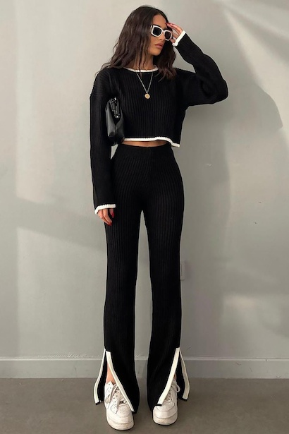 Kadın Garnili Paça Fermuarlı Triko Takım 