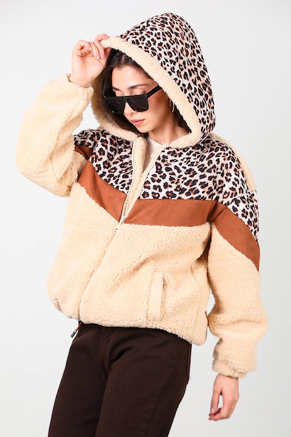 Kadın Leoparlı Kapşonlu Peluş Ceket 