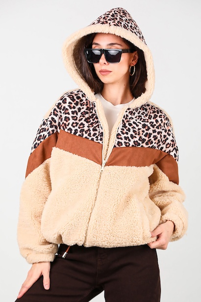 Kadın Leoparlı Kapşonlu Peluş Ceket  Krem 6