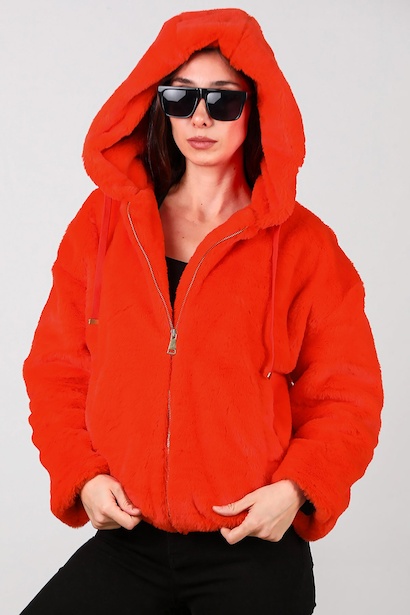 Kadın Etek Ucu Lastikli Kapşonlu Peluş Mont  Turuncu 6