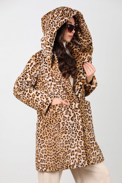 Kadın Kapşonlu Cepli Leopar Kürk Mont  Leopar 6