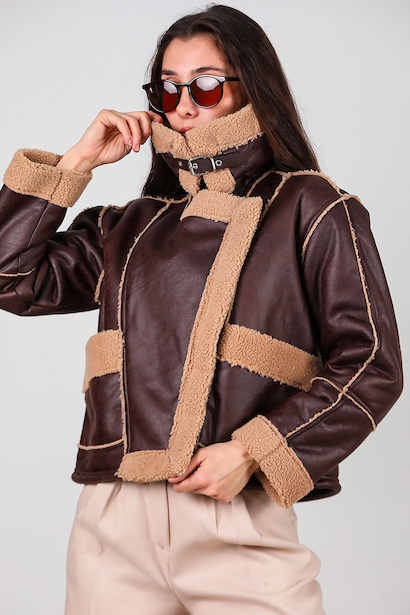 Kadın Fermuarlı İçi Kürklü Deri Mont  Kahverengi 6