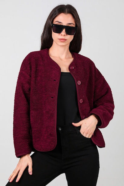 Kadın İçi Polarlı Düğmeli Peluş Ceket 