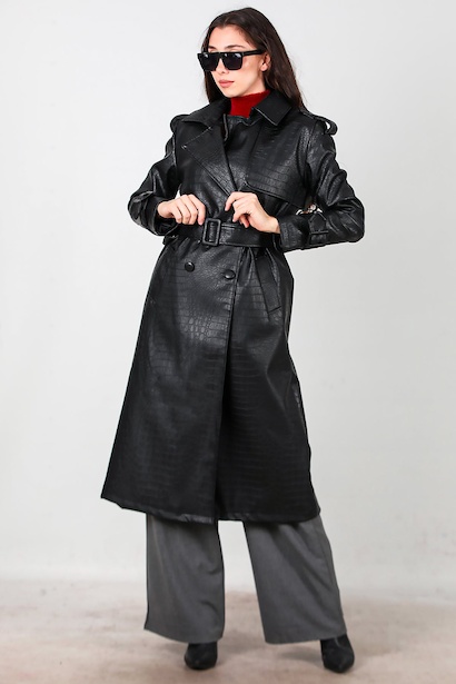 Kadın Kuşaklı Timsah Desen Uzun Deri Kaban 