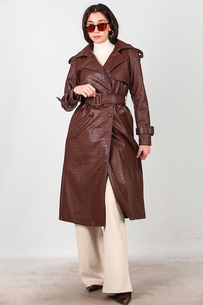 Kadın Kuşaklı Timsah Desen Uzun Deri Kaban  Kahverengi 6