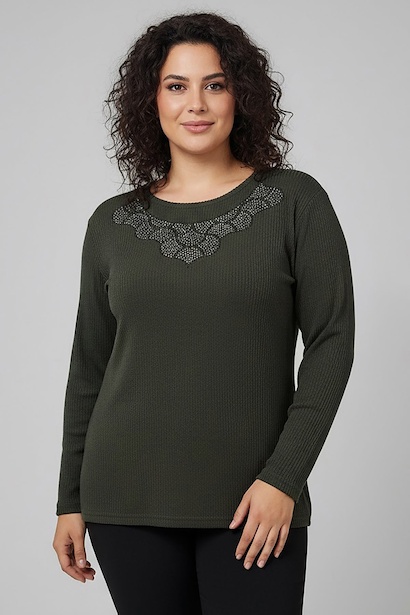 Büyük Beden Taş İşlemeli Bluz 