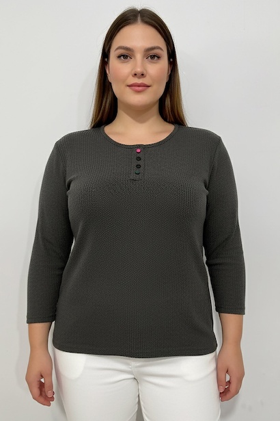 Büyük Beden Önü Renkli Düğmeli Triko Bluz 