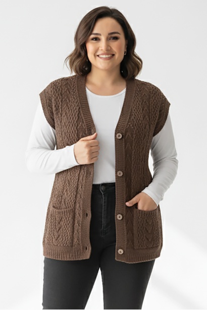 Büyük Beden Örgü Yelek  Kahverengi