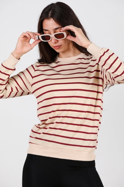 Kadın Çizgili Bisiklet Yaka Sweet  Bordo 6