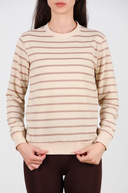 Kadın Çizgili Bisiklet Yaka Sweet  Vizon 6