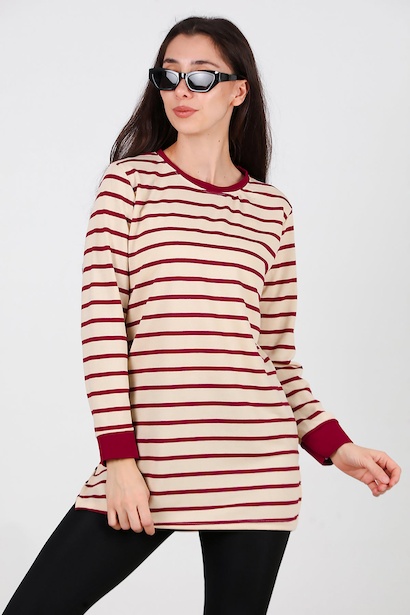 Kadın Yanı Yırtmaçlı Çizgili Tunik 