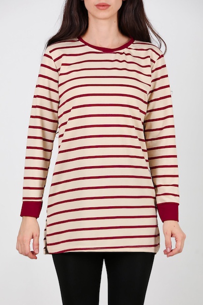 Kadın Yanı Yırtmaçlı Çizgili Tunik  Bordo 6