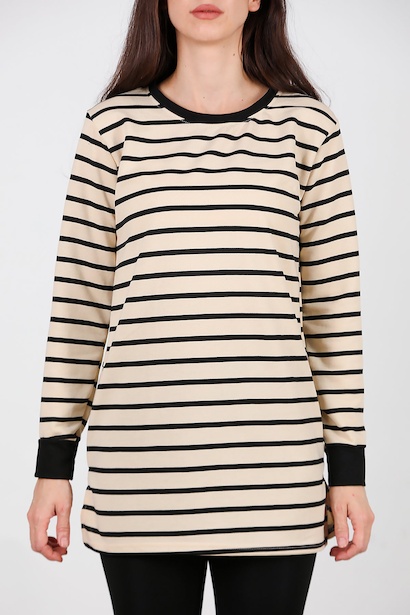 Kadın Yanı Yırtmaçlı Çizgili Tunik  Siyah 6